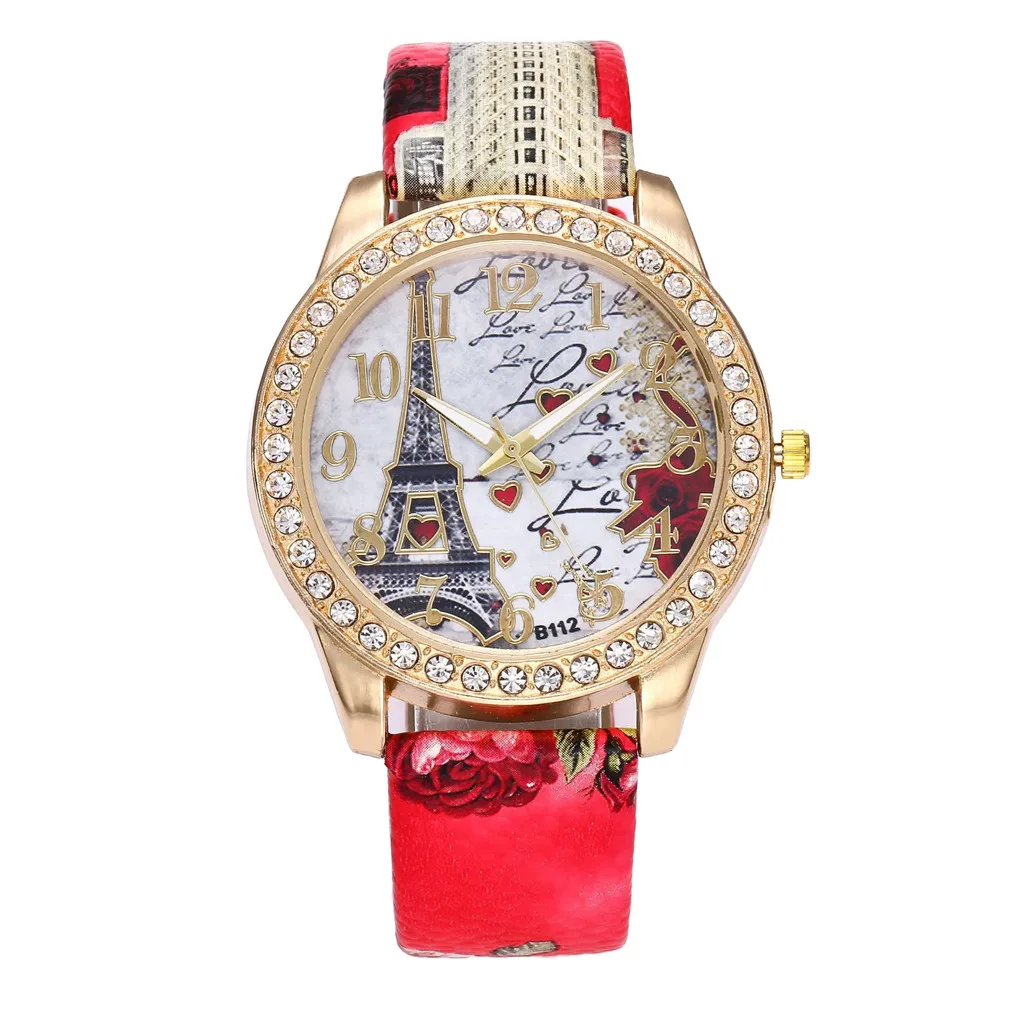 Vintage Paris Tower Women Fashion Watch Crystal Leather Quartz Wristwatch