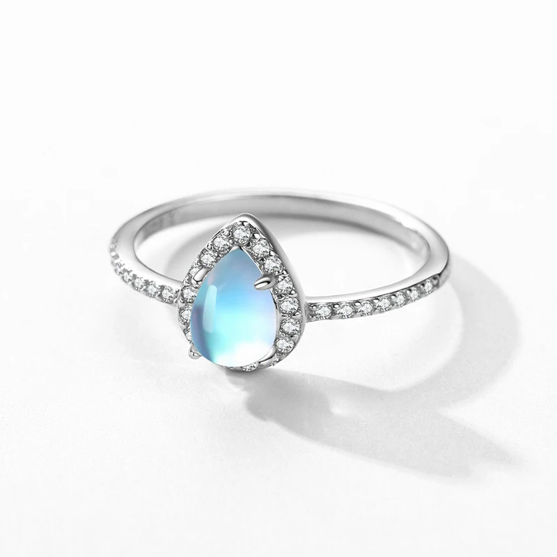 Modian-Requintado Gota de Água Moonstone Anel de Dedo para Mulheres, 925 Prata Esterlina, Brilhante, Clear CZ, Fine Jewelry, Presentes de Luxo