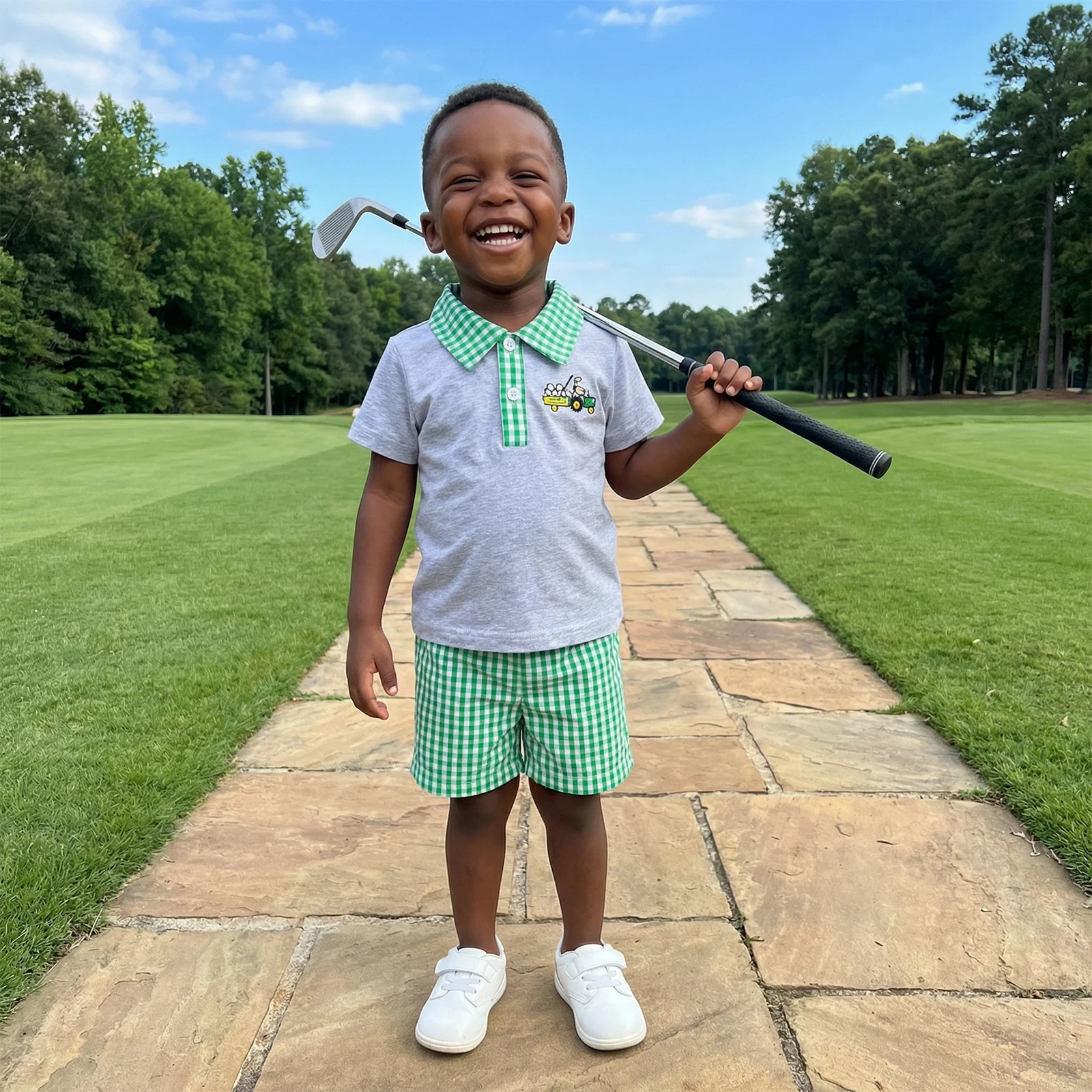 

Baby Boys Shorts Set Short Sleeve Embroidery T-shirt with Plaid Shorts Summer Outfit