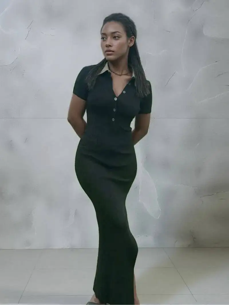 Elegant Office Lady Maxi Jurk Dames Effen Mode Turn-down Kraag Korte Mouw Knop Zijsplit Lichaamsvormende Straat Gewaad RTH1