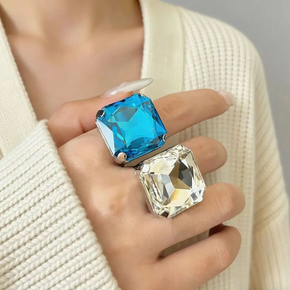 Square Shape Square Rhinestone Ring Rhinestone Crystal Large Size Adjustable Crystal Ring Exaggerated Giant Adjustable Size