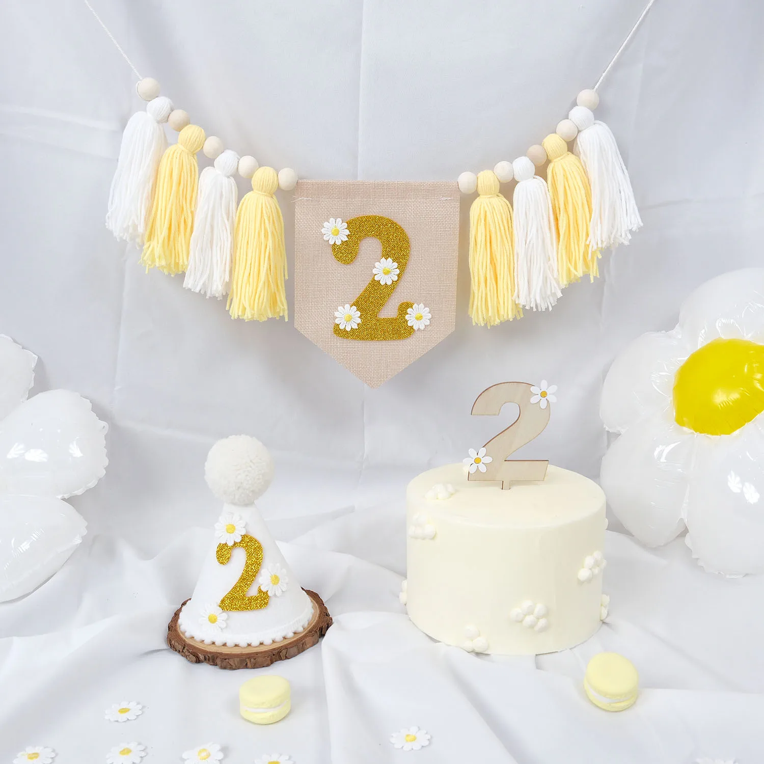 Frühlings-Gänseblümchen-Thema 2. Geburtstags-Banner, Hochstuhl-Banner mit Quastenkranz, 2. Geburtstags-Tüllhut, Kuchendekoration – Detail 5