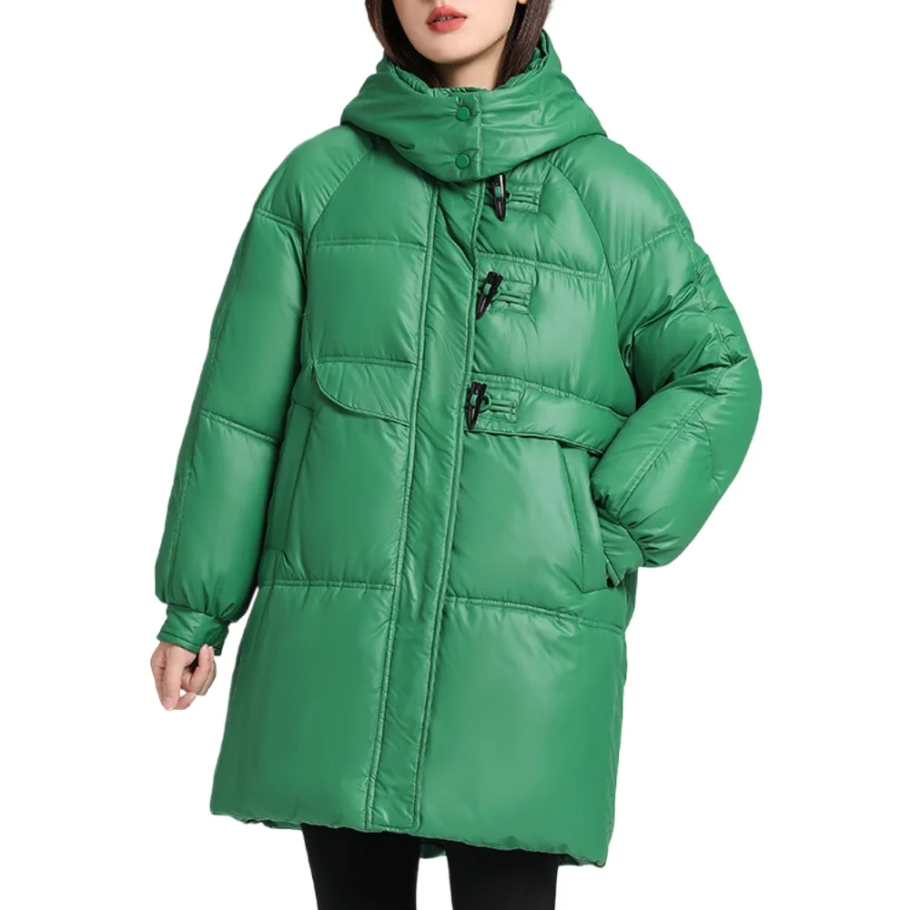 Women's Winter Jacket Zipper Horn Button Mid Long Parkas Removable Hat Clothes Hight Neck Windproof Warm Coats White Casual Chic