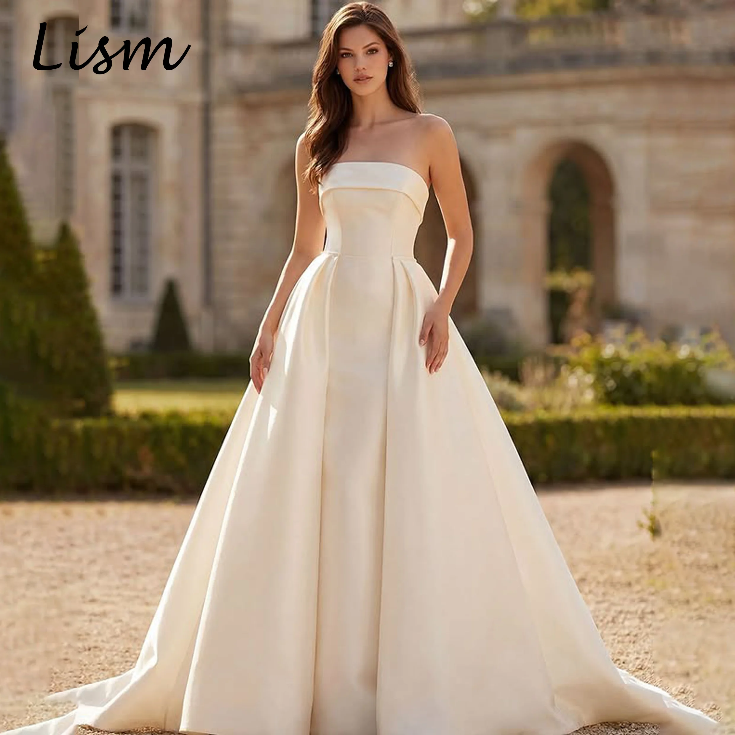 Lism Graceful Sleeveless Strapless Wedding Dresse A-line Floor-Length Button Robe De Mariée Satin Ivory 2026 Customized