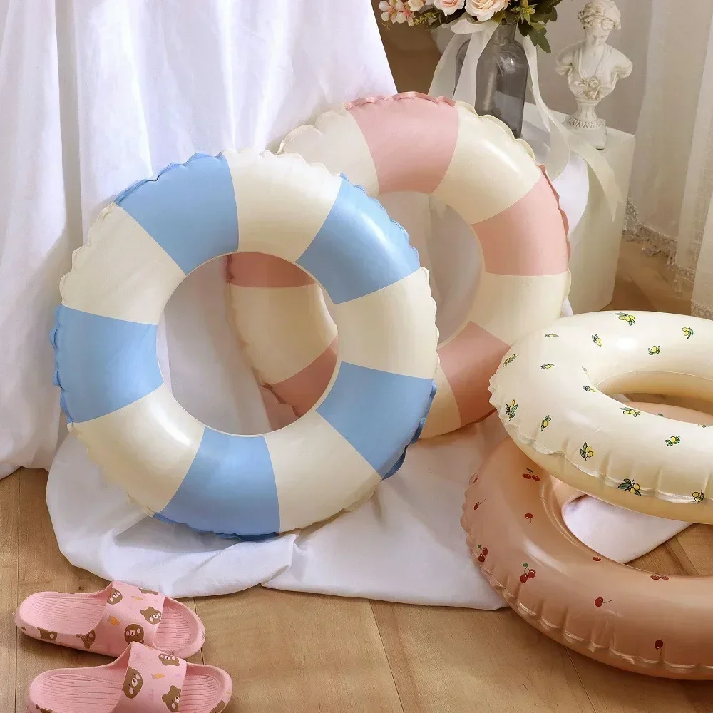 Anillo de natación para niños, anillo de natación a rayas de PVC, cojín flotante inflable de verano para niños y niñas, tubo de natación, Donuts flotantes