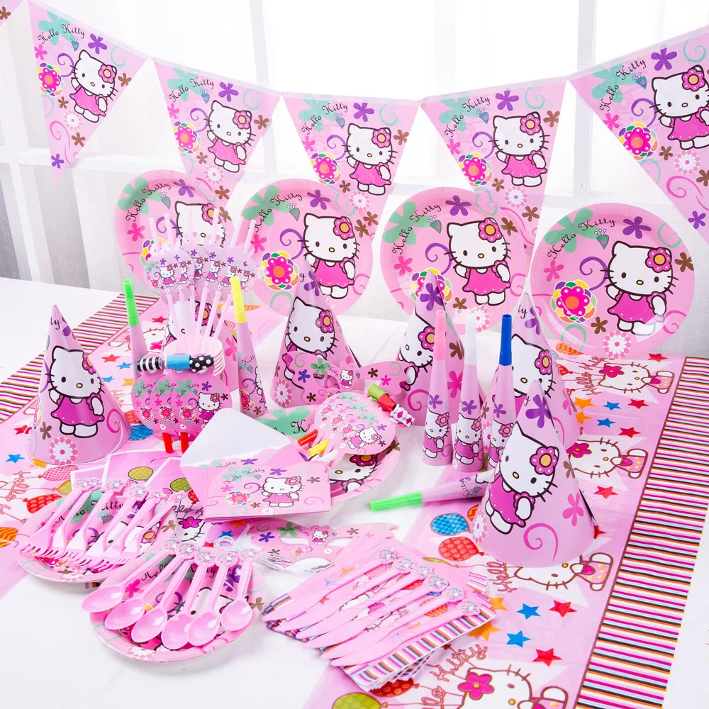 Hello KT Kids Girl Birthday Party Disposable Tableware Decorations Baby Shower Cartoon Cat Foil Balloon DIY Decor Event Supplies