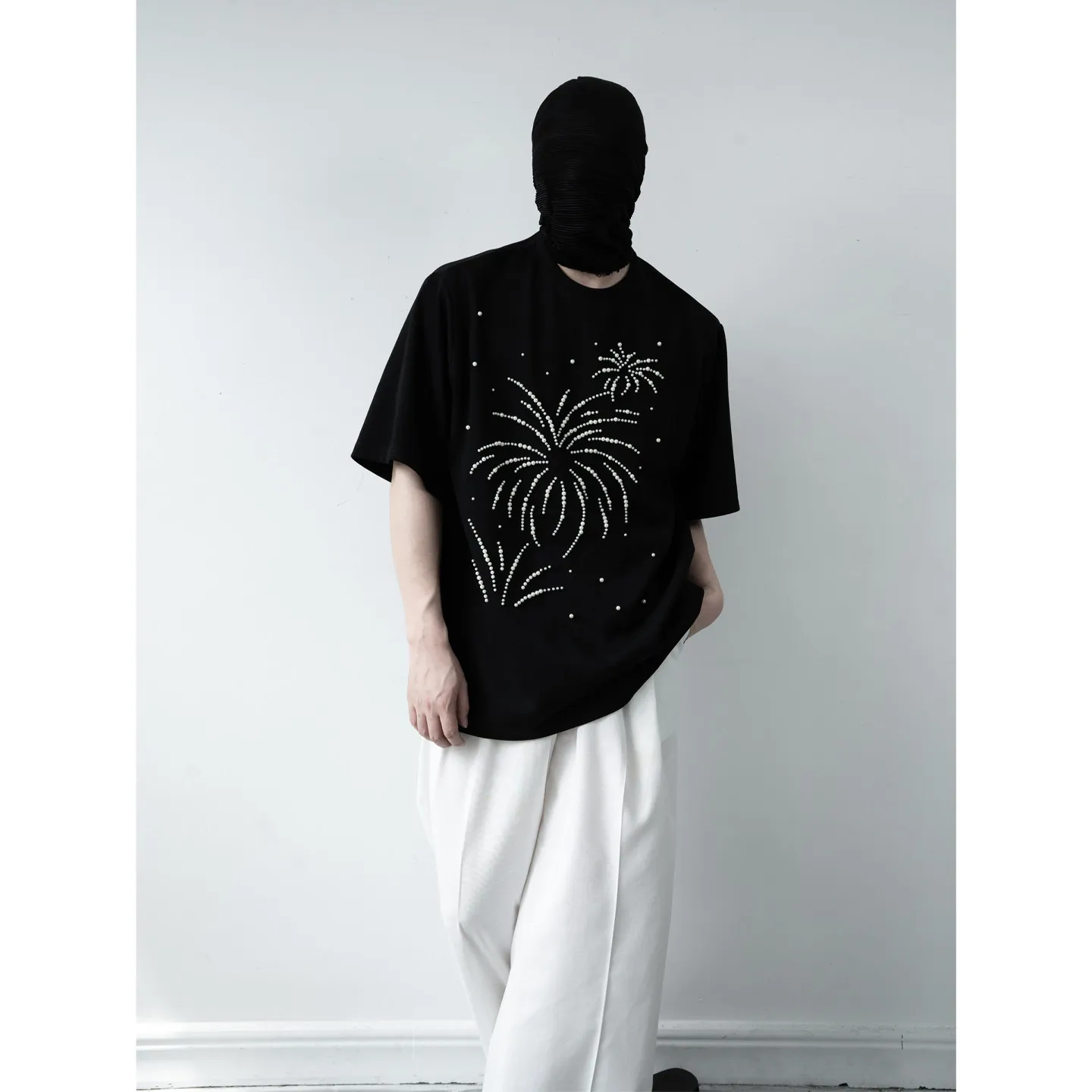 2026 Summer Men's Pearl Beaded Loose Casual Purple Black White Round Neck Short Sleeve T-Shirt for Men Daily Wear