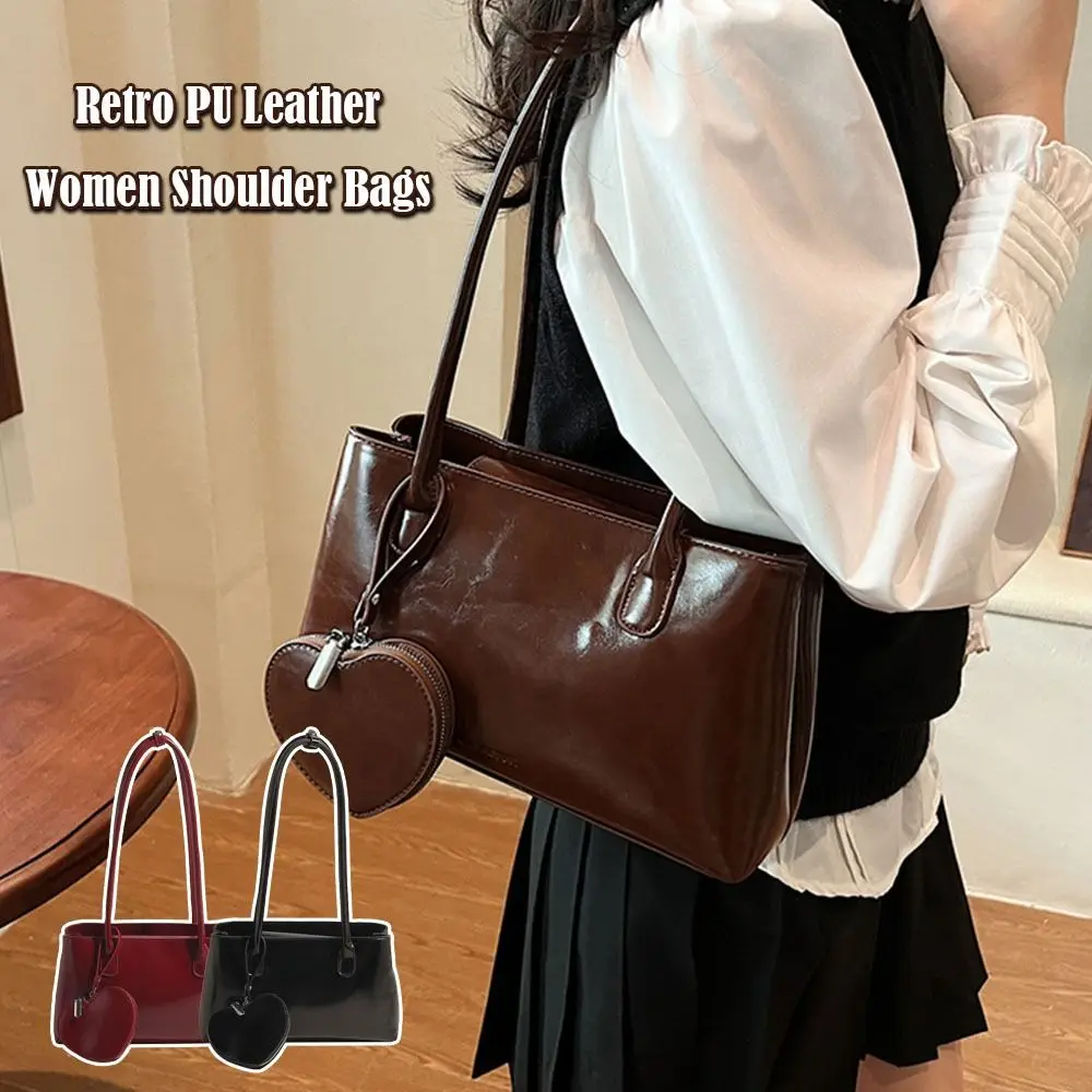 

Retro Red PU Leather Women Shoulder Bags with Love Coin Purse Large Capacity Ladies Satchel Hobo Bag Tote Bag
