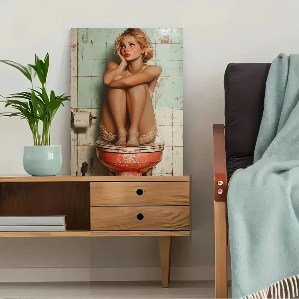 Fun Women's Bathroom Wall Decor - Vintage Humorous Poster, 2D Flat Iron Frame Sign, Funny Gift for Female Toilet & Space