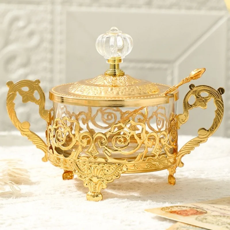 Golden Iron European Style Spice Jar, Home Kitchen Supplies Glass Sugar Bowl, Storage Sealed Jar Cream Organizer, Kitchen