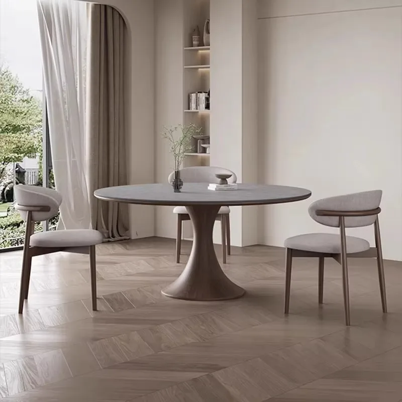 Sintered Stone Slab Dining Table for 12 Household Solid Wood Walnut Ribbon Embedded in Rotary Table Northern Europe Large Table