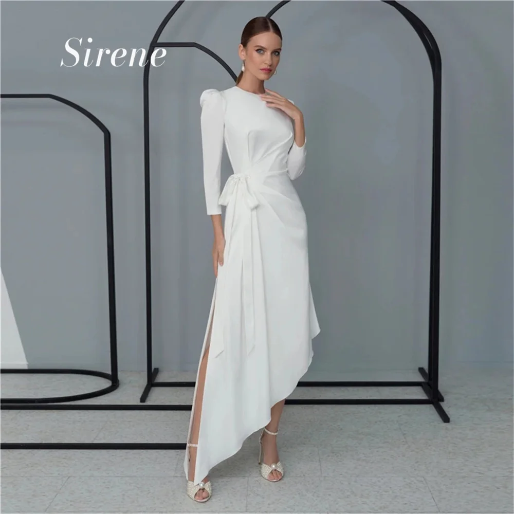 Sirene Simple O-Neck Three Quarer Lace Up Wedding Dress Elegant A-Line Pleat Ankle Length Side Slit Bride Gowns Vestido De Noiva