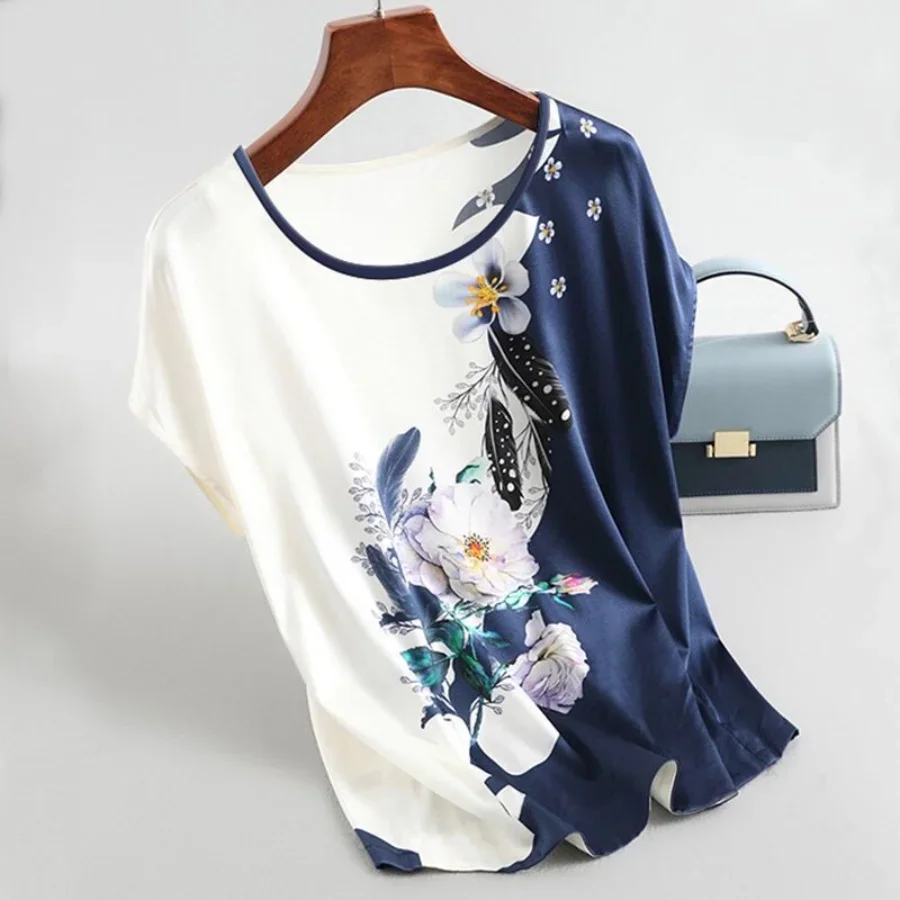 Mode bloemenprint blouse trui dames zijde satijn plus maat vleermuismouwen vintage T-shirt casual tops met korte mouwen