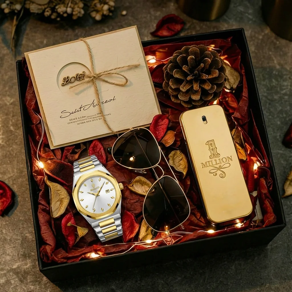 4pcs Men's Two-tone Stainless Steel Luxury Classic Diamond Markers Date Window Sunglasses Perfume Quartz Watch Gift Box Set