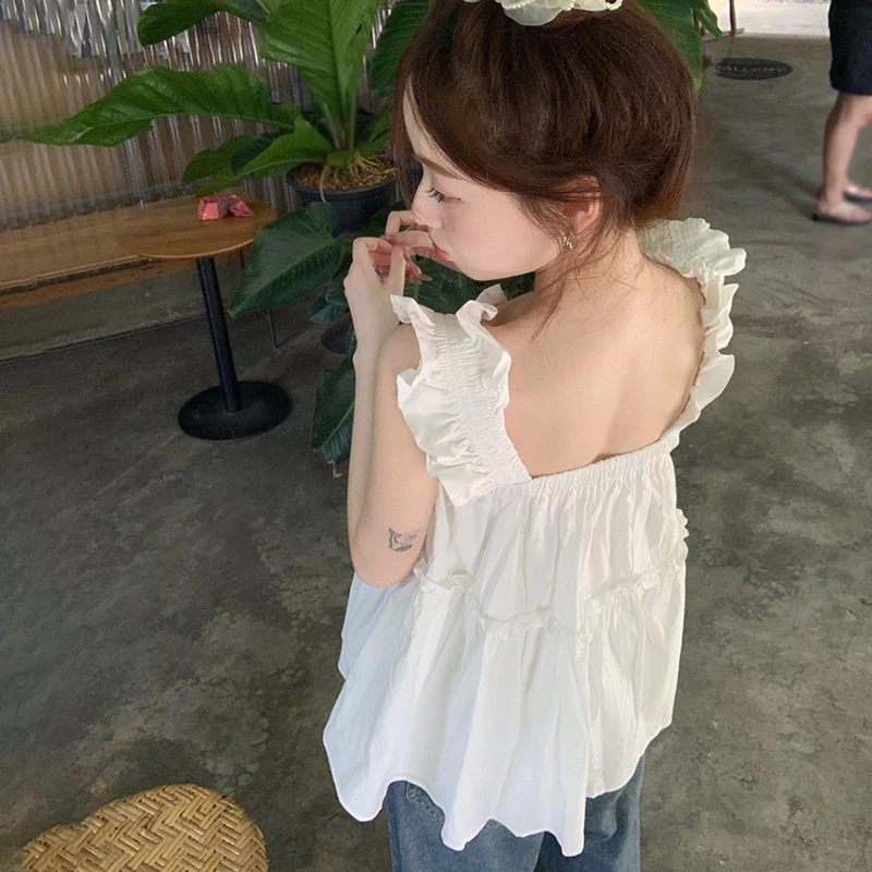 Summer embroidery ruffle pleats loose casual sweet temperament wide shoulder camisole top.