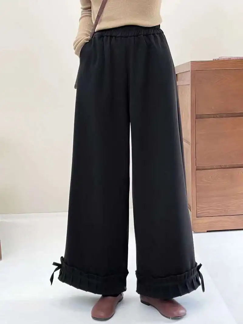 New 2025 Autumn Cotton Thicken Pants, Women Elastic Waist Flods Bow Patchwork, Mori Girl French OL Casual INS Trousers B5N230CC