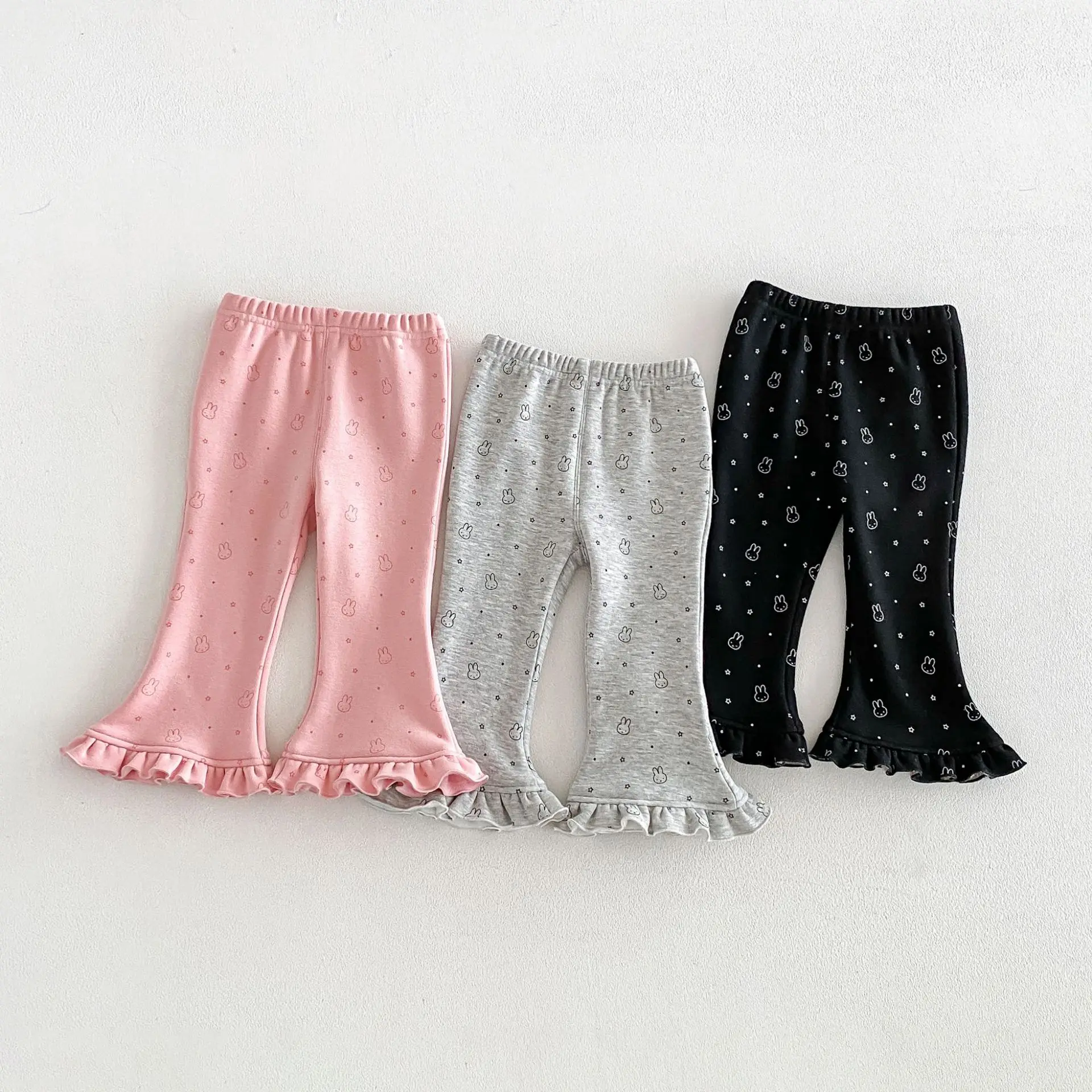 2026 New Fall Winter Girls Fleece Flared Pants | Bunny Print Leggings | Cute Warm Bottoms