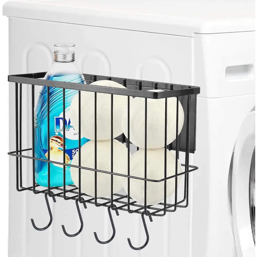 رف منظم غرفة الغسيل المغناطيسي، رف تخزين أسود غير لامع للغسالة أو جانب المجفف - حامل مغناطيسي، بدون مثقاب - يتضمن