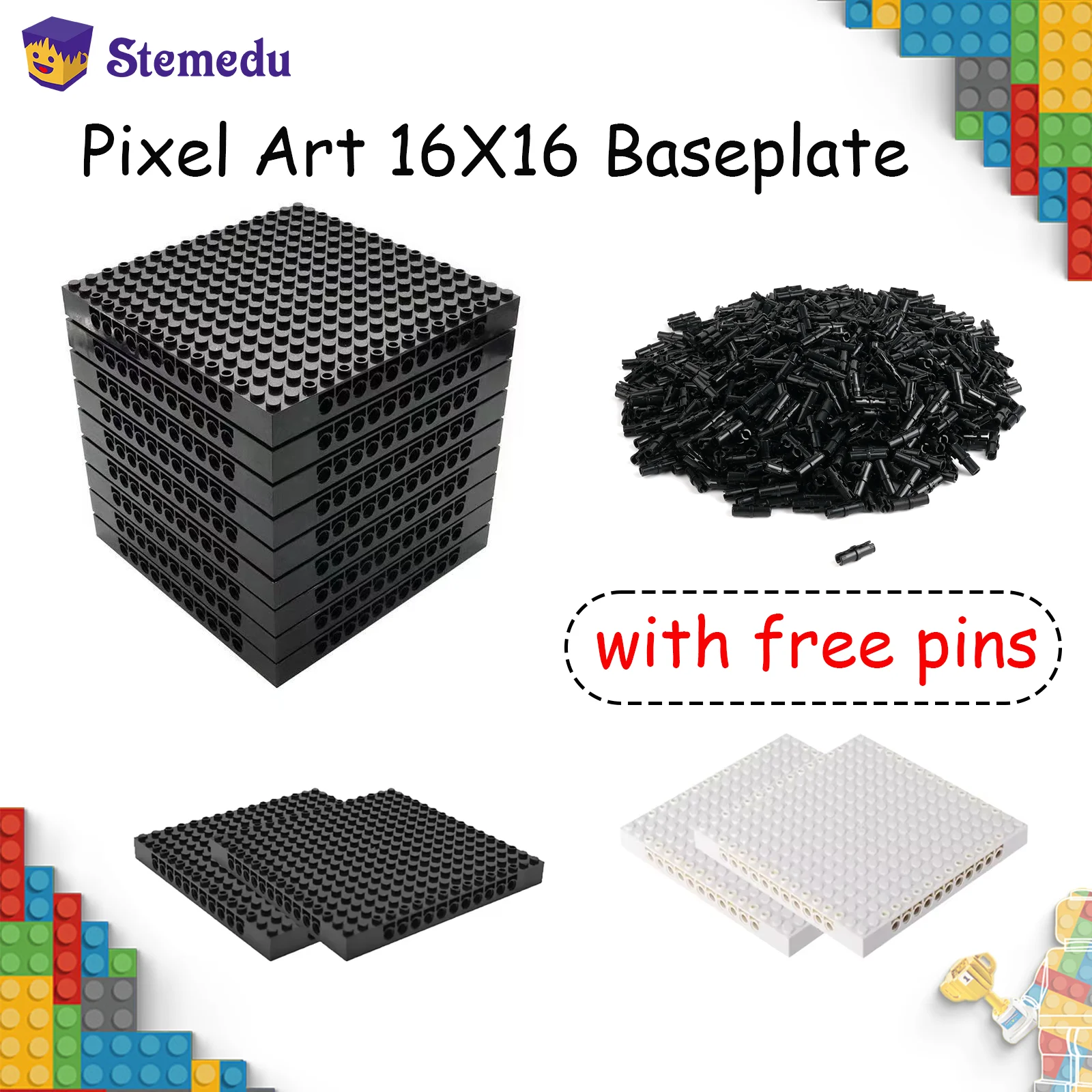 Pixel Art with Free Pins Building Block Bottom Plate 65803 Brick 16X16 Baseplate Part Compatible 98138 Small Particles Toy Gift