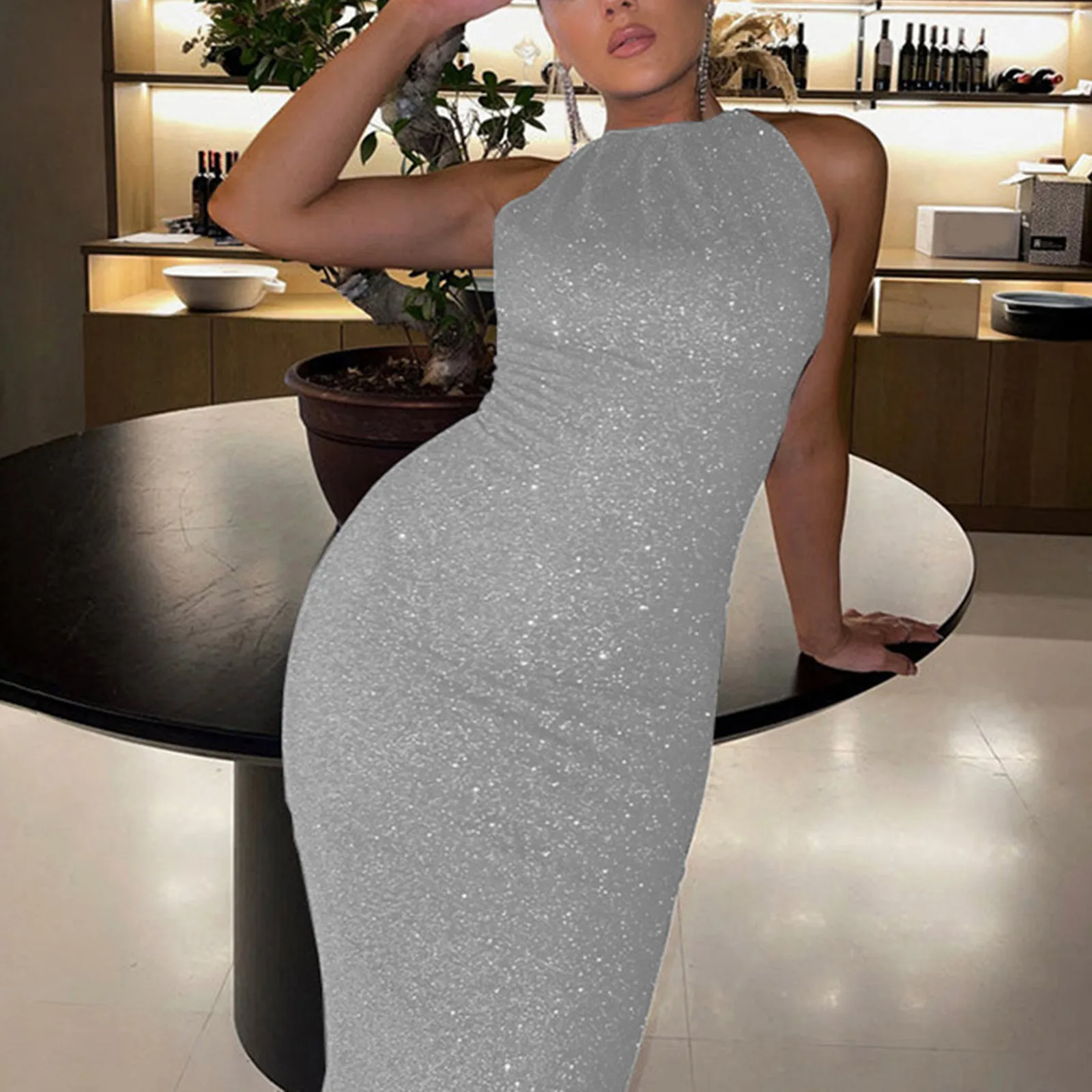 Ladies Sparkling Temperament Commuter Dress Halter Sleeveless Sexy Slim Dress Solid Color Beautiful Elegant Sheath Dress