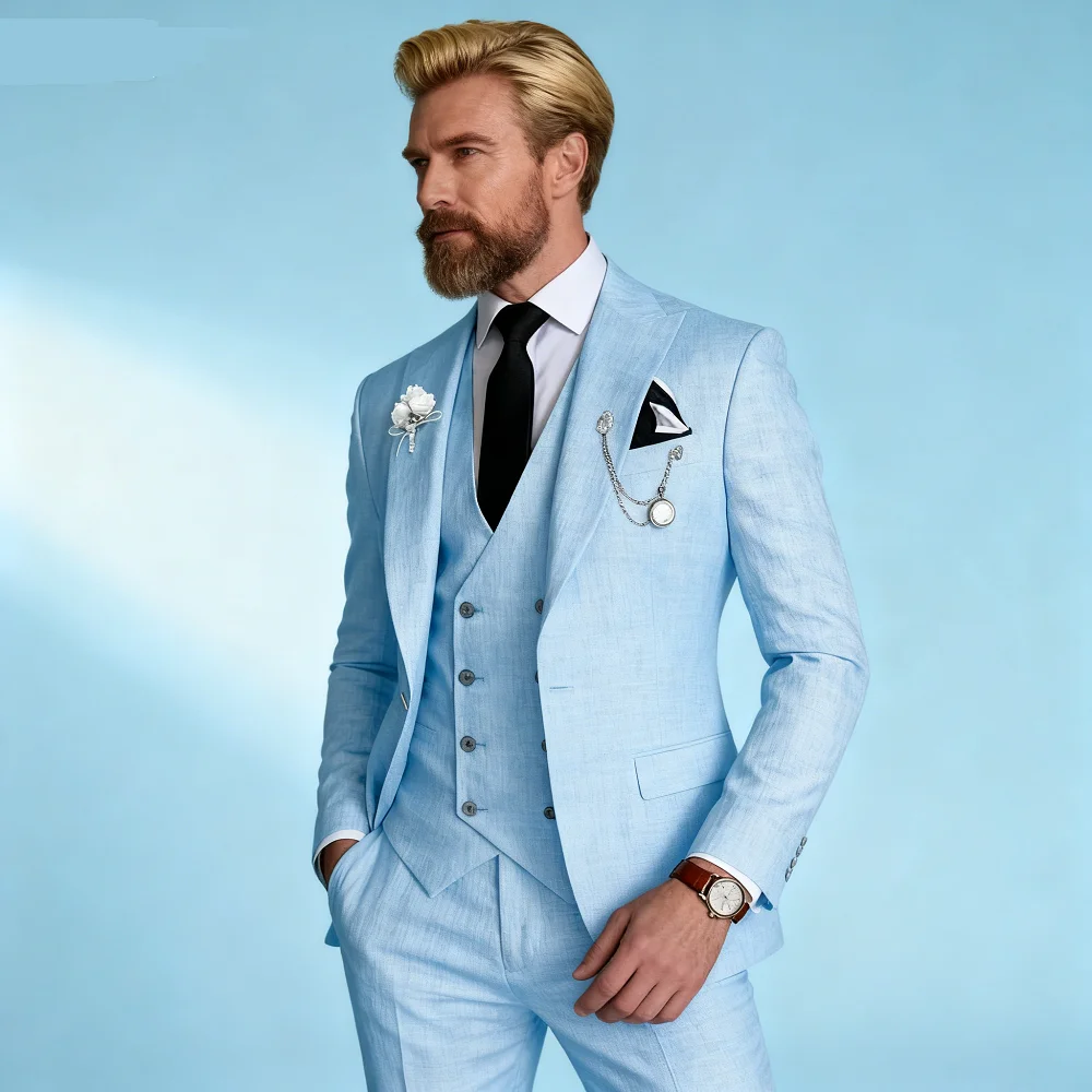 

Elegant Rose Red 3-Piece Slim Fit Men's Suit Double Breasted Blazer Vest Pants Set for Wedding Groom Tuxedo Business Party