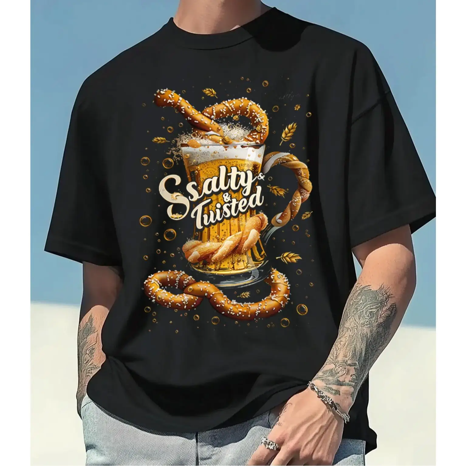 

Salty Twisted Beer & Pretzel Graphic Print 100% Cotton T-Shirt - Unisex Casual Round Neck Tee for Men & Women All-Season Comfort