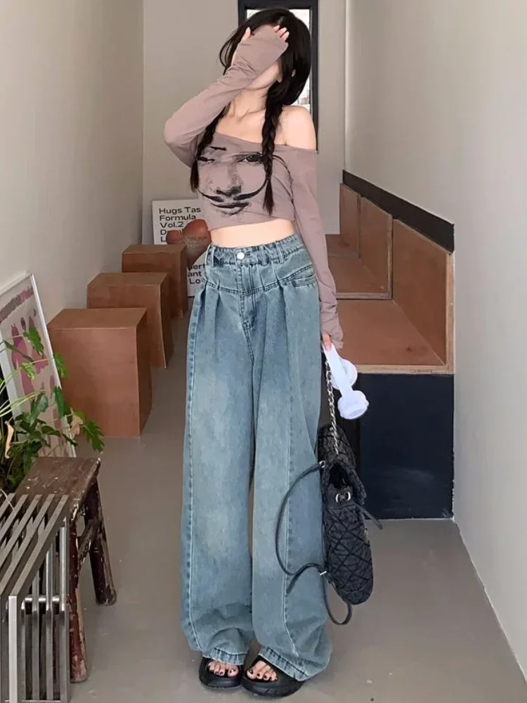 Vaqueros de pierna ancha para mujer, estilo coreano, cintura alta, ropa de calle Vintage elegante, pantalones holgados universitarios sencillos que combinan con todo