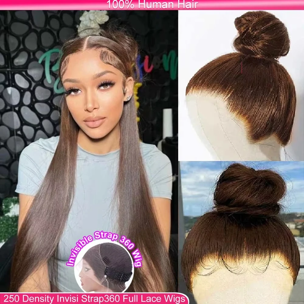 

Invisi Strap 360 Full Lace Glueless Wig Chocolate Brown Colored Lace Frontal Wig 250 Density Straight Lace Front Human Hair Wig