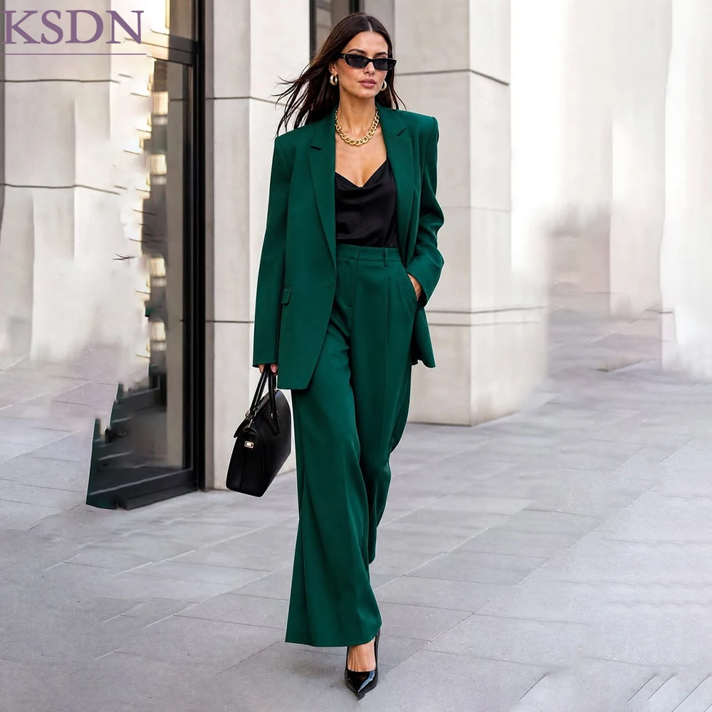 Customzied Women's Suits Blazer Green One-Button Notch Lapel Loose Fit 2 Piece Jacket Pants Business Office Lady Clothing