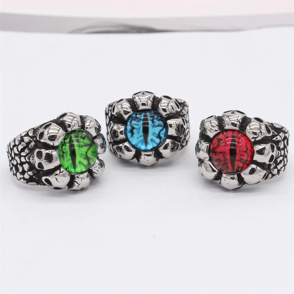 

European and American Personalized Vintage Punk Rock Skull Head Devil Eye Men's Stainless Steel Rings Size 7-12