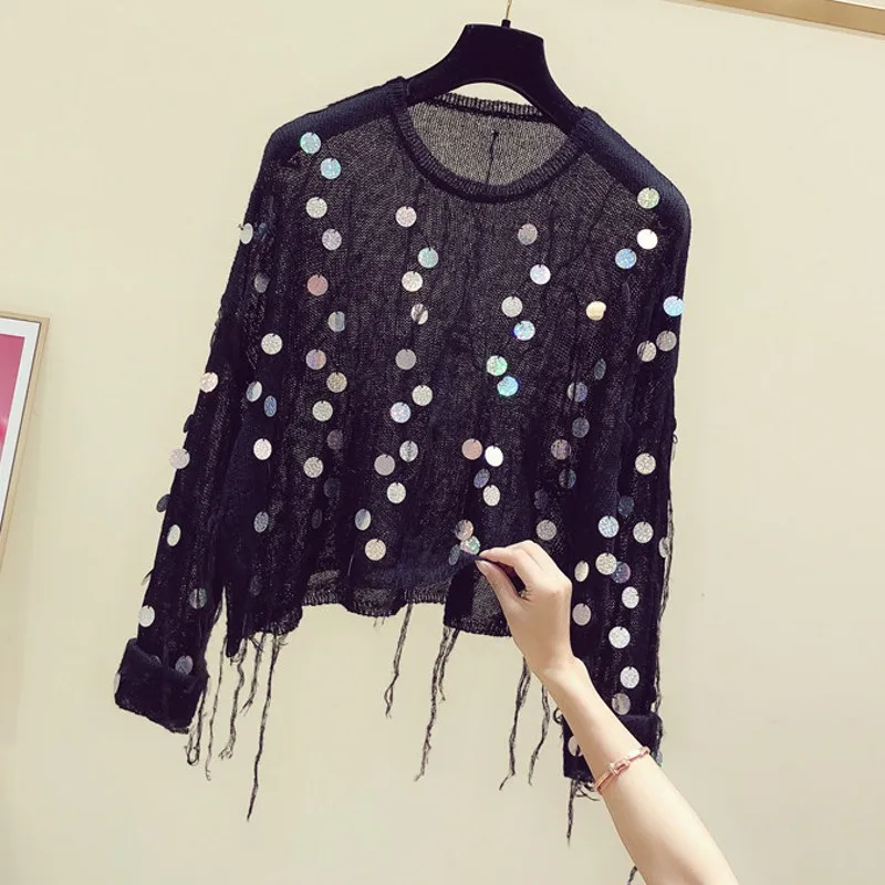 Women Glittering Sequins Wool Fringed Thin Sweater Loose Beaded Crocheted Tassels Pullover Knit Jumpers Tops Bright Silk Sueter