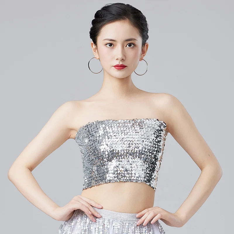 Sexy Gouden Pailletten Strapless Chic Crop Top Vrouwen Glanzende Stretch Party Clubwear Pailletten Tube Top Bandeau Tank Top Danskostuums