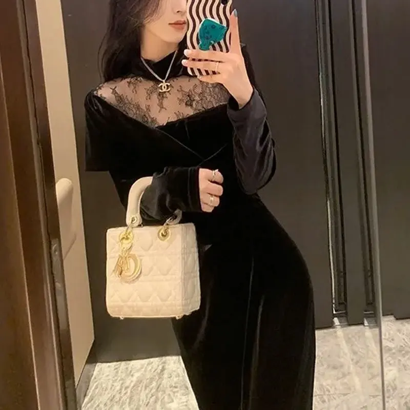 

Female Clothing Vintage Lace Patchwork Long Dress Fashion Hollow Out Autumn Winter Solid Color Asymmetrical Aura Waist Dresses