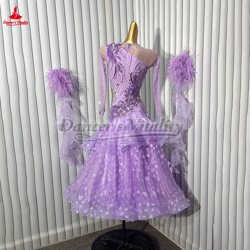 볼룸 댄스 AB 스톤 긴 소매 수 놓은 꽃 하단 드레스 여성 성인 Quickstep Waltz Foxtrot 의류 맞춤