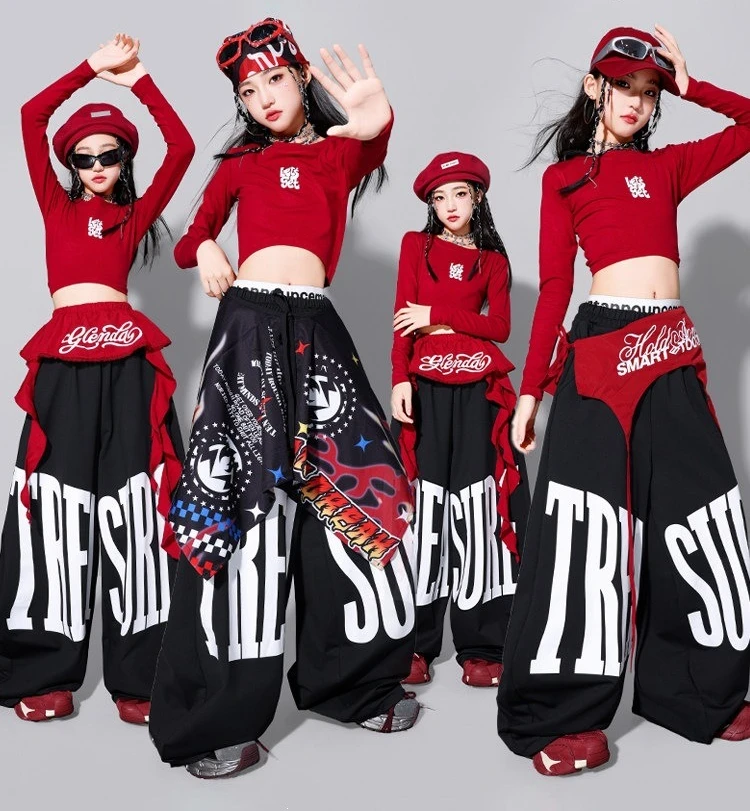 Girls Jazz Hip Hop Dance Clothes Sets Red Crop Tops Letter Baggy Pants Group Cheerleading Performance Costume Stage Wear Outfits