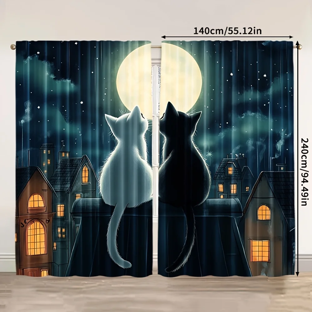 Cat Moon Night Curtains Urban Fantasy Drape with Starry Sky & Rooftop Scene for Living Room Bedroom Window Decoration