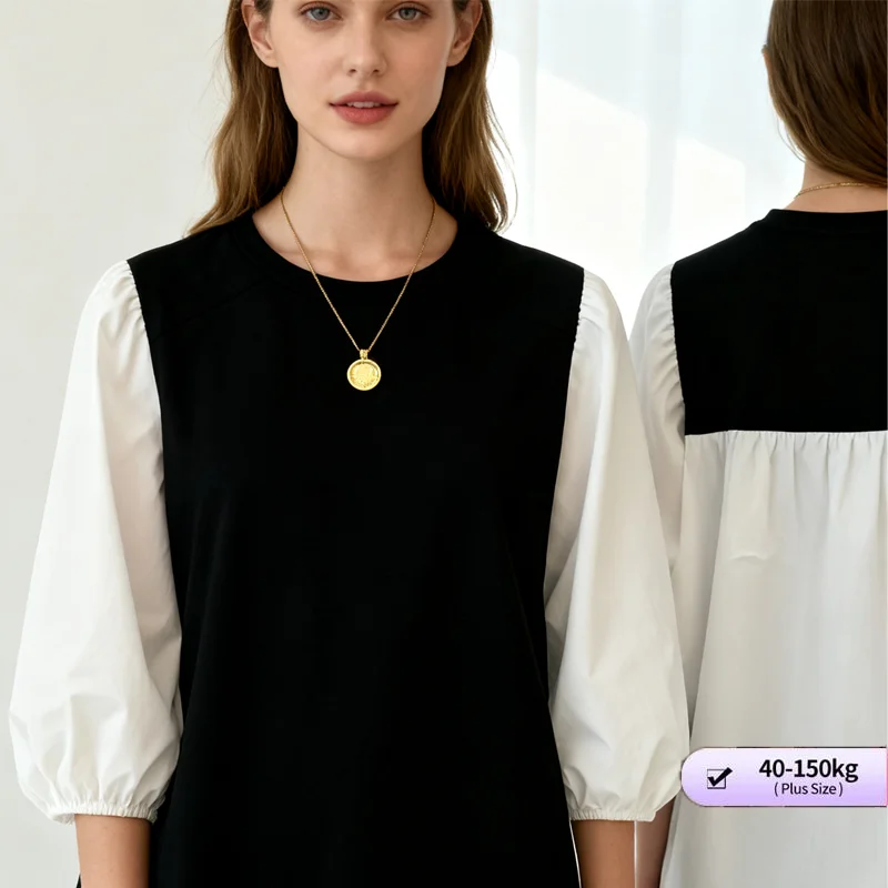 

【Рубашка больших размеров с длинными рукавами】 (40-150 кг) Женская осенняя рубашка больших размеров контрастного цвета с круглым вырезом, топ свободного кроя