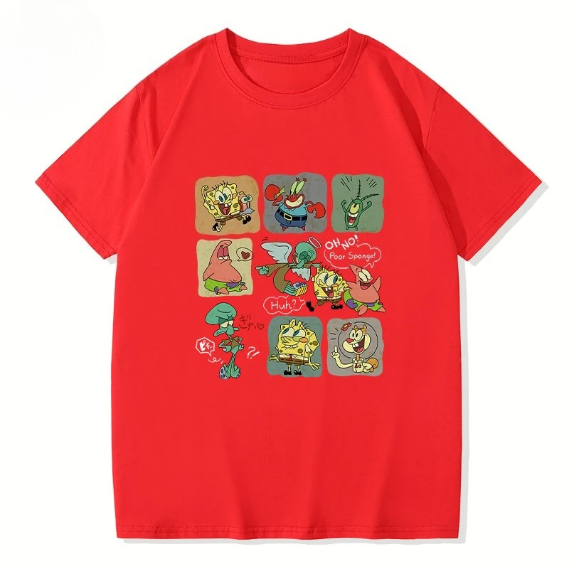 Nuevo lanzamiento de Bob Esponja, pantalones cuadrados con estampado de dibujos animados, Top Universal de manga corta holgado y a la moda para hombres, mujeres y niños
