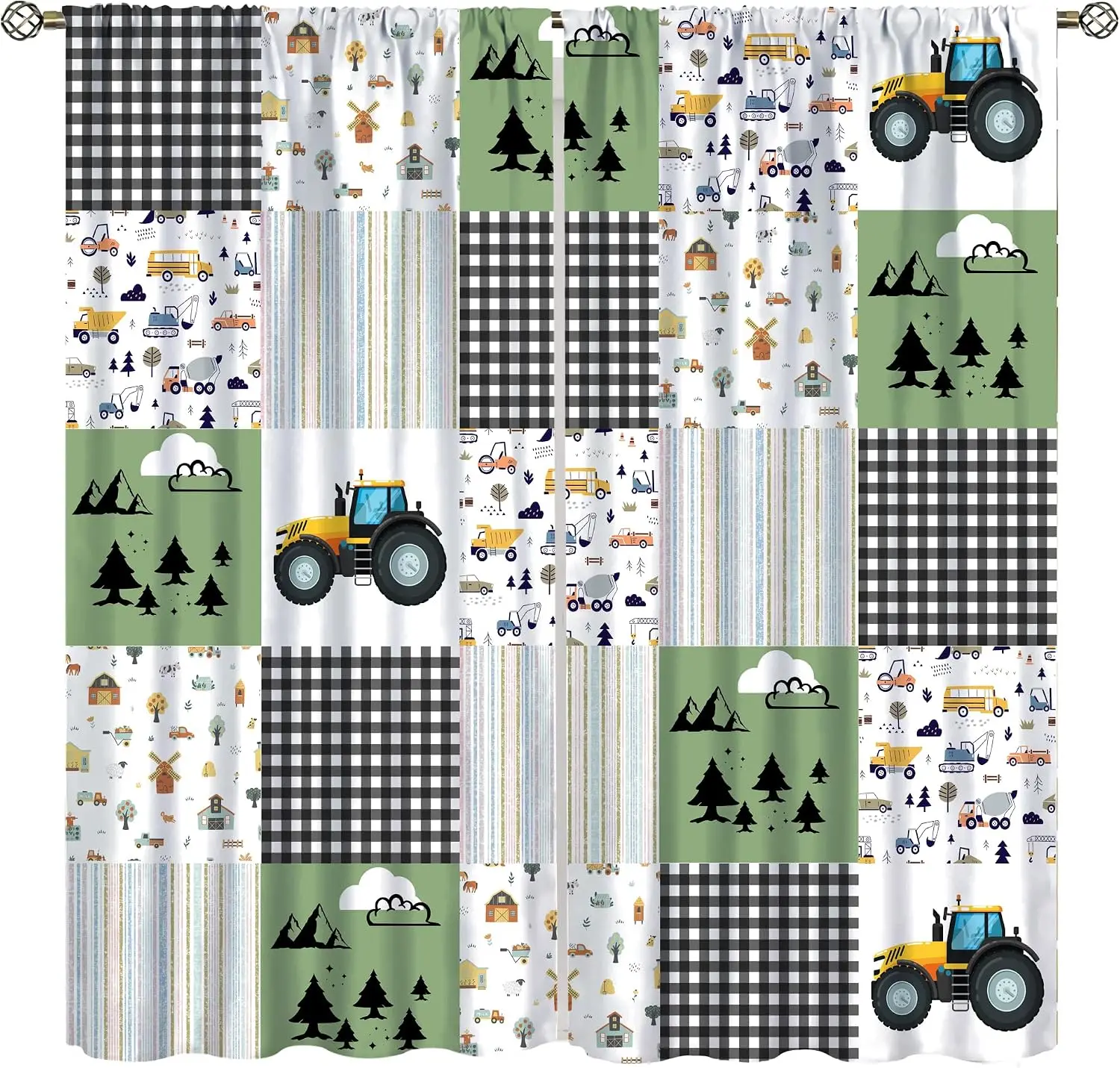 Grid Splicing Farm Truck Mountain Forest Plaid Print Blackout Rod Pocket Curtain Striped Line Soft Rural Homestay Bedroom Rest