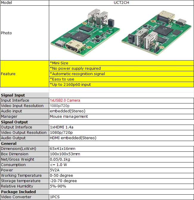 2026 Unisheen UCT2CH Easy to Use Portable 1080p USB 2.0 Interface USB to HDMI Video Converter Board for UVC Camera