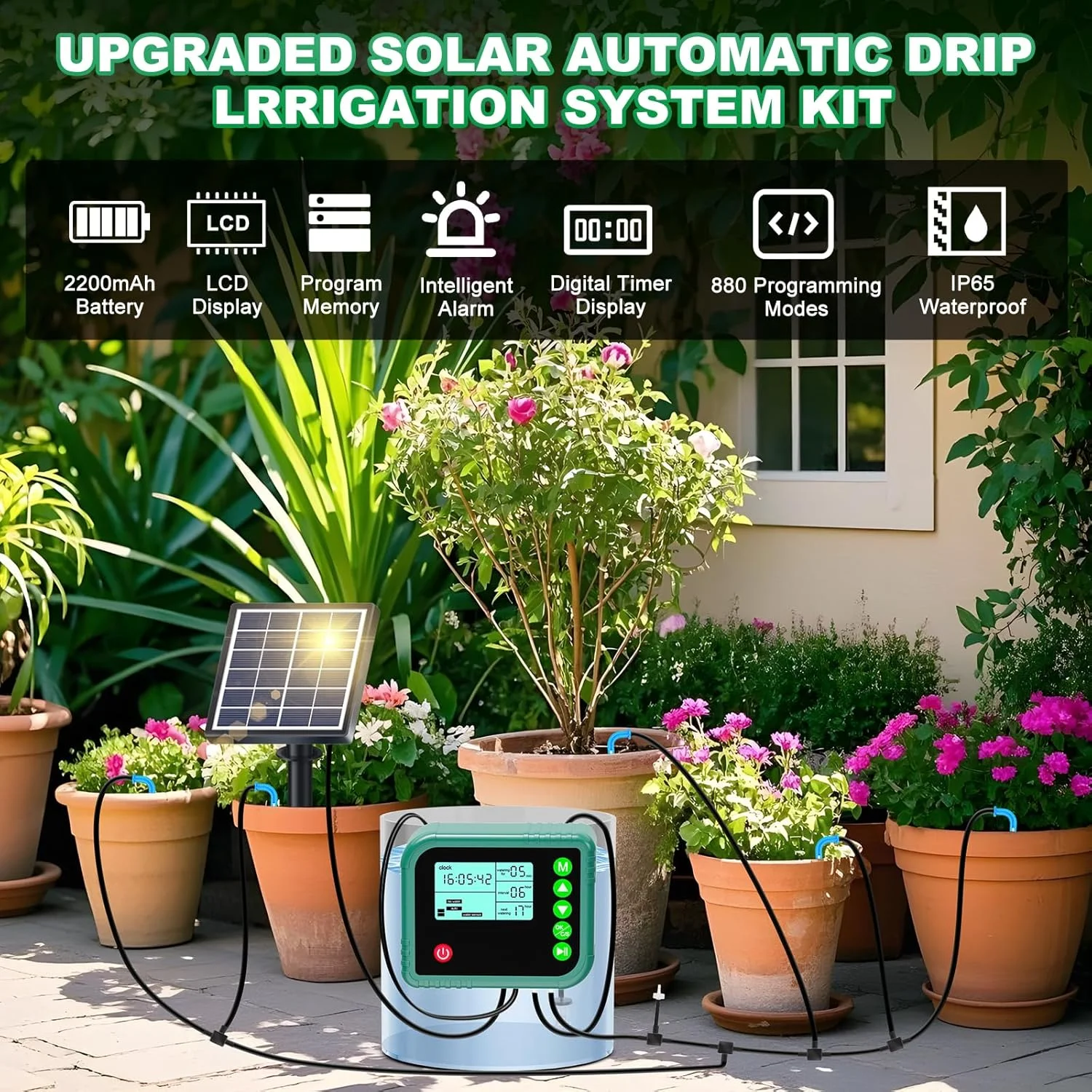 Automatic Outdoor Solar-Powered 15-Potted Plant Watering Kit with Programmable Drip Irrigation LED Display and Power Supply