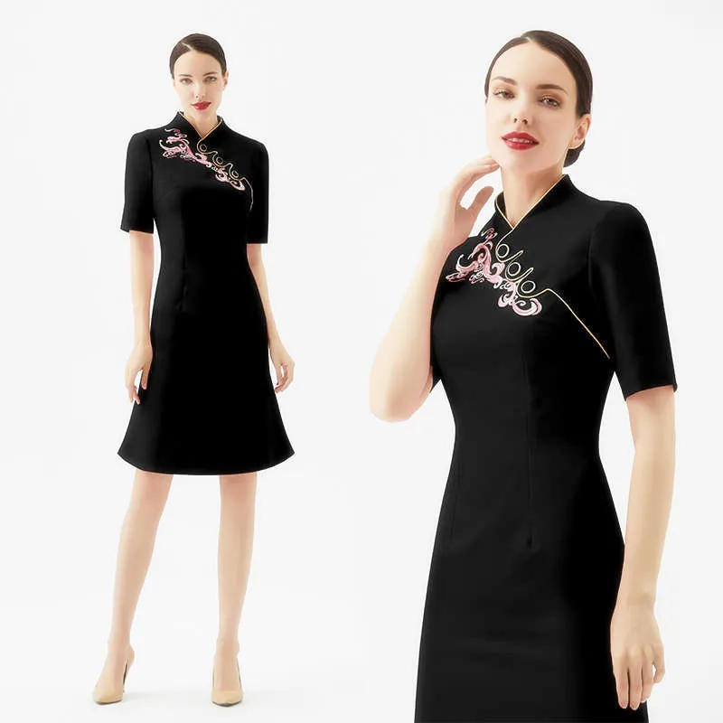 Airline Front Desk Young Women Work Clothes Oriental Trend Mid Length Cheongsam Dress University Aviation Academy Uniform in010