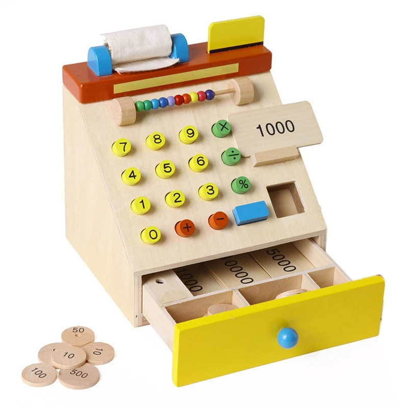 

Children Supermarket Wood Simulation Cash Register Checkout Counter Pretend Game Toys Toy Cash Register For Kids