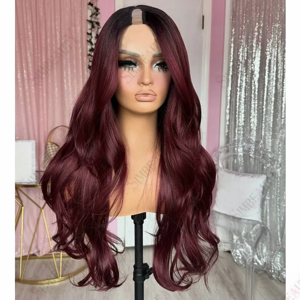 Dark Roots Ombre Burgunderrot U-Part-Perücke aus Echthaar, verstellbar, natürliche Welle, 1*4 Größe, V-Part-Perücke aus Echthaar, einfach zu tragen für Frauen – Detail 1