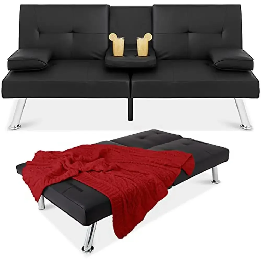 Modern Adjustable Folding Sofa Bed Removable Armrests Cupholders Transforms into Bed Convertible Futon Black Metal Legs 500lb