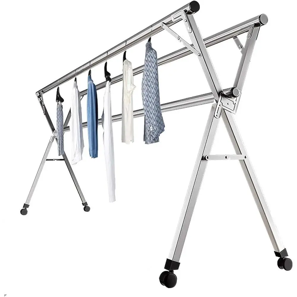 

Adjustable Stainless Steel Collapsible Clothes Drying Rack with Wheels, Suitable for Indoor and Outdoor Use, 240cm x 75cm x 135c