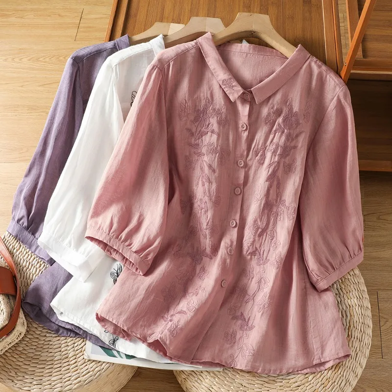 

Chinese Style Women's Blouses Vintage Embroidered Shirts Fashion Loose Summer Clothing Short Sleeves Cotton Linen Women Tops