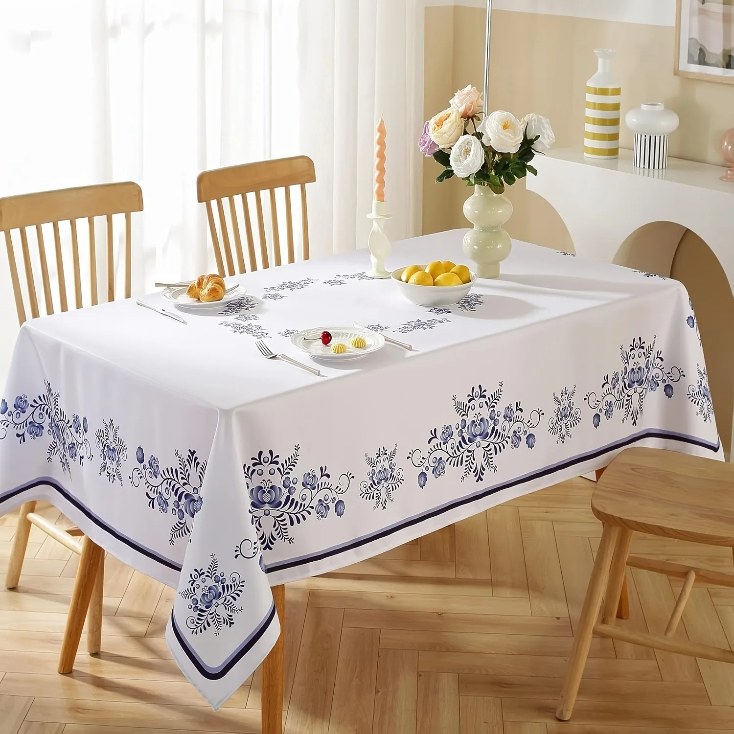 Blue and white floral tablecloth - rectangular table cover - suitable for dining, parties, picnics