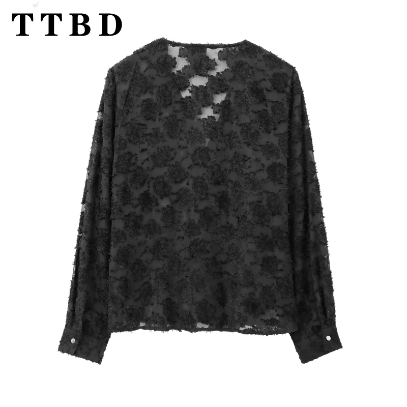 TTBD 2024 Autumn New Woman's Fashion Gold Button Shirt Top Casual Female Black Long Sleeve Single-breasted Regular Fit V-Collar