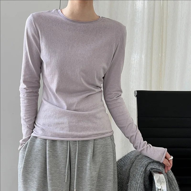 

Весенне-осенняя новая повседневная универсальная футболка с круглым вырезом и закатанными краями для женщин, тонкий топ с длинными рукавами